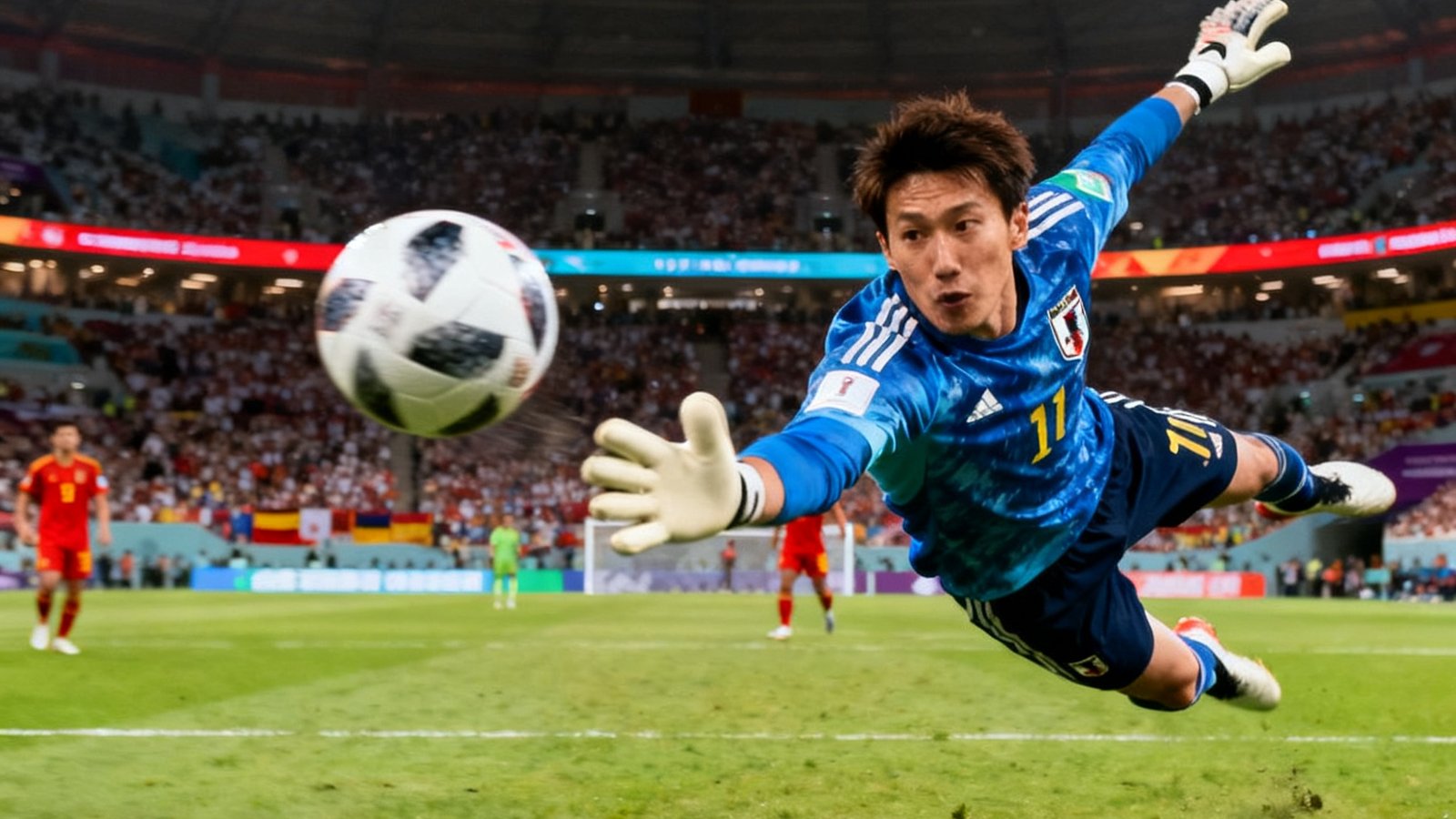 小组赛日本对阵西班牙，日本门将飞身扑出必进球，比分0-0
